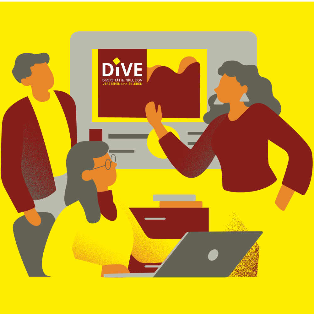 Das Bild zeigt eine Grafi mit drei Personen. Die Personen schauen auf einen Bildschirm. Auf dem Bildschirm ist groß das Logo von Dive zusehen.