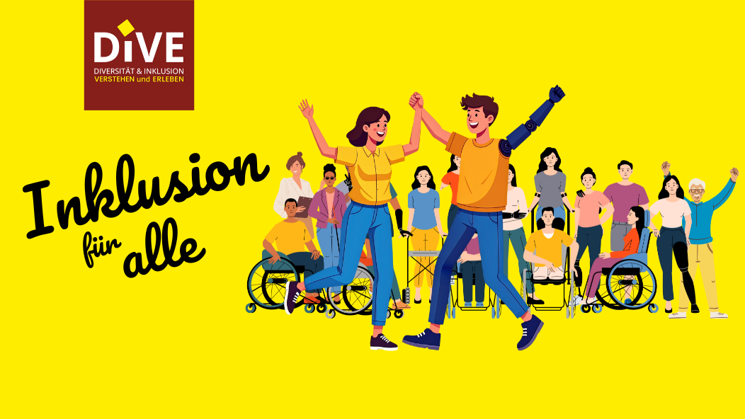 „Illustration einer vielfältigen Gruppe von Menschen mit und ohne Behinderungen. Zwei Personen in der Mitte jubeln und geben sich ein High-Five, eine Person trägt eine Prothese, andere sitzen im Rollstuhl. Links oben steht das Logo ‚DIVE – Diversität & Inklusion Verstehen und Erleben‘. Daneben der Schriftzug: ‚Inklusion für alle‘.“
