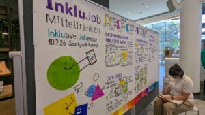 Eine große Tafel mit Zeichnungen rund um Inklusion.