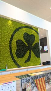 Auf einer Wand ist ein großes grünes Kleeblatt, das Logo der Spielvereinigung Greuther Fürth zu sehen.